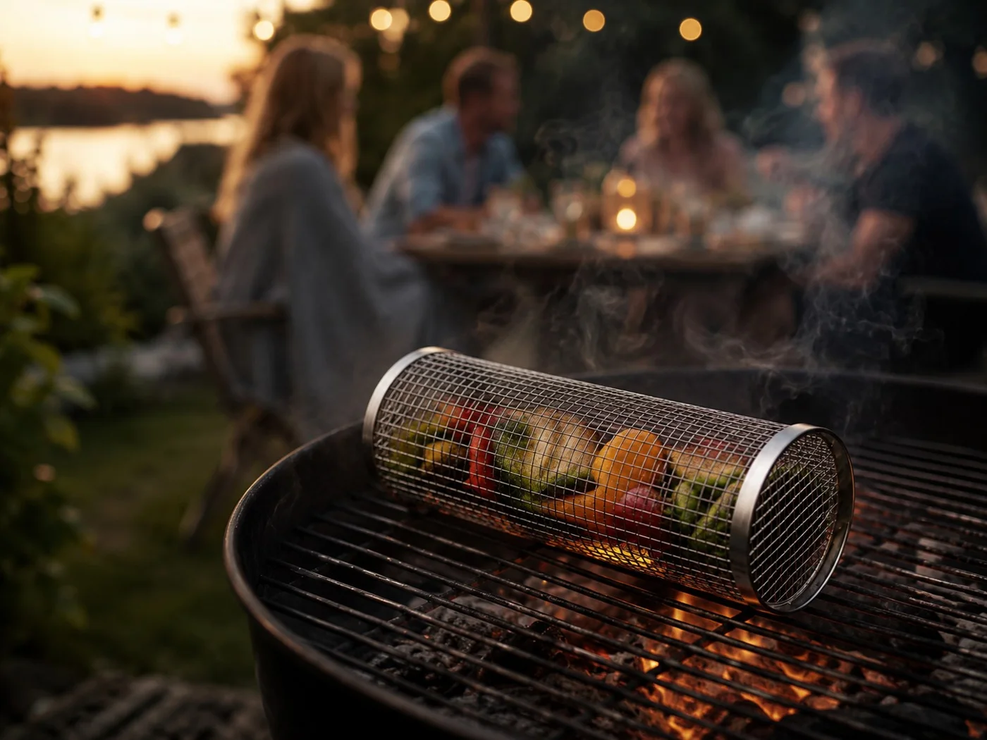 Glödra Roller fylld med grillade grönsaker i sommarskymning